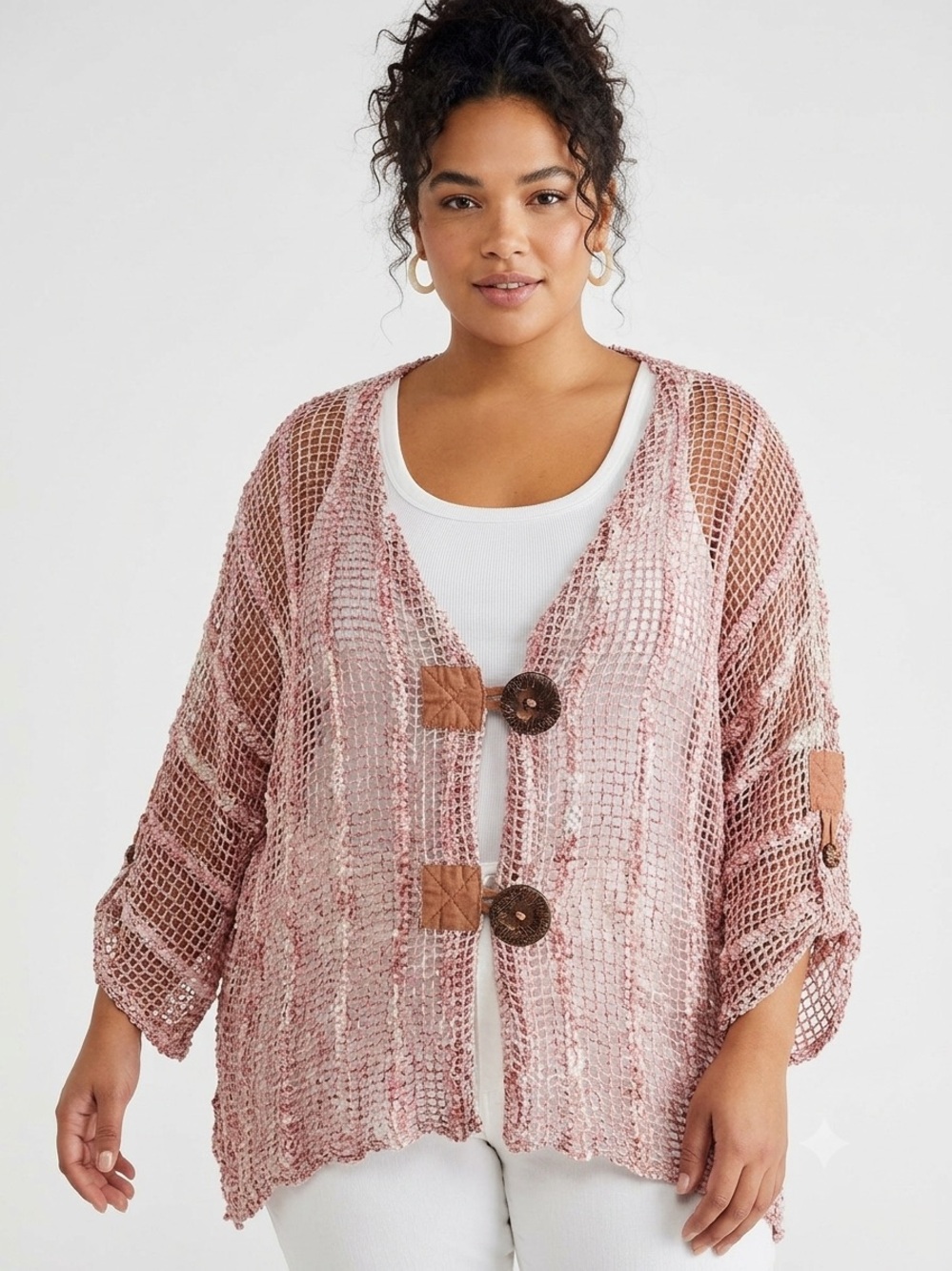 Monroe & Main Soft Pink Open Net Draped Cardigan